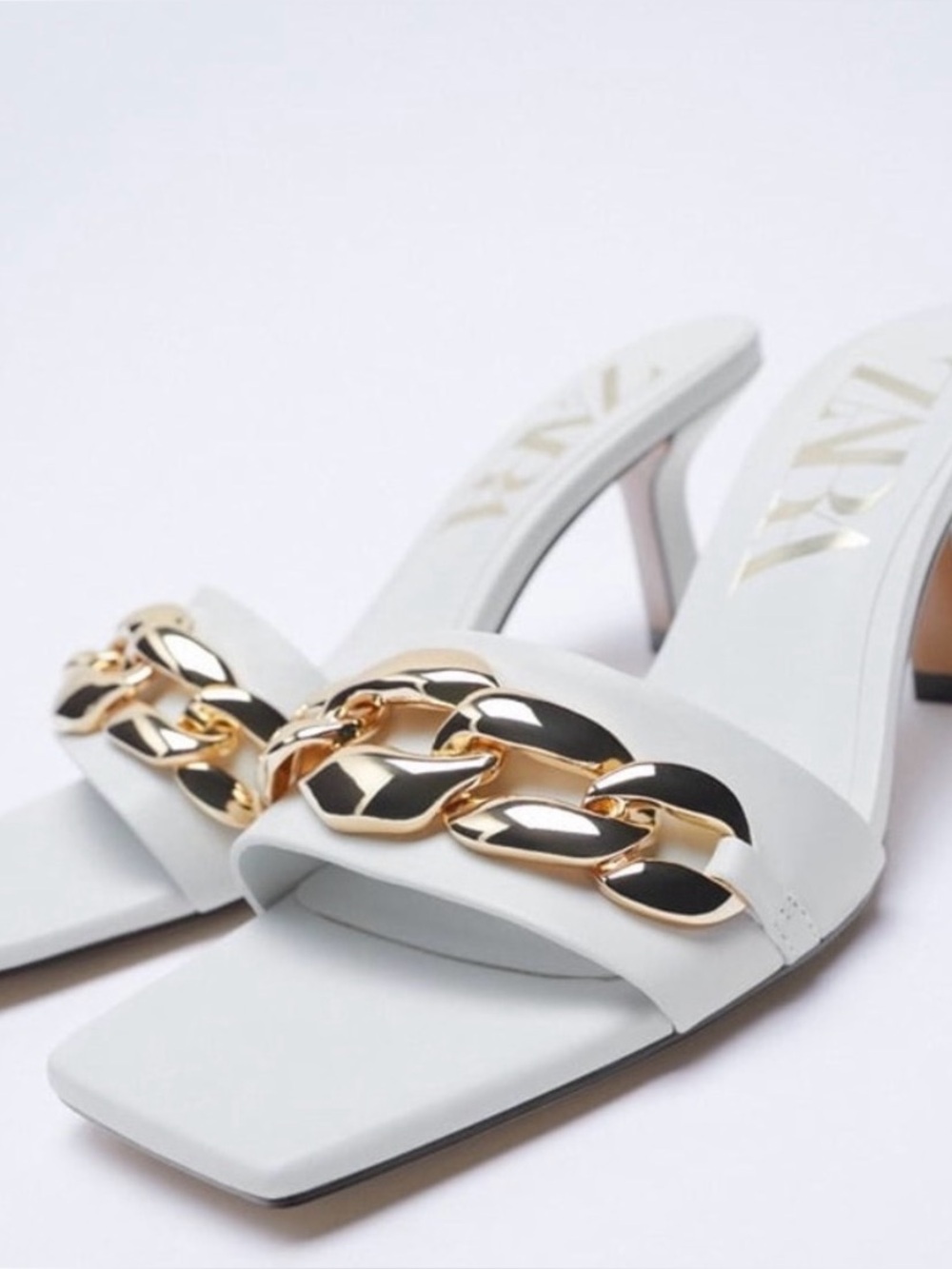 Zara White Leather Mules with Gold Chain Detail